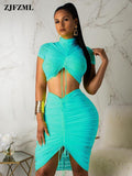Green Yellow Sexy Two Piece Set Women Turtleneck Short Sleeve Crop Top+ Pleated Bodycon Dress Tracksuit 2 Piece Club