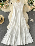 Dress Women Summer Sleeveless Mid-calf Dress Solid Lace-up V-neck Loose Waist Embroidery Hollow Beach Holiday