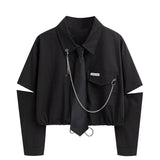 Punk Style Women Shirt Gothic Harajuku Dark Tie And Chain Long Sleeve Split Goth Design Streetwear Blouse Girl Crop