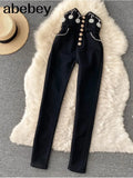 Trousers For Women Fashion High Waist Skinny Pants Spring Design Chic Beading Streetwear Long