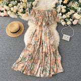 floral print Sexy ruffles Summer off shoulder chiffon long dress Party elastic waist Women casual beach holiday tunic
