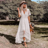 Dress Women Off Shoulder Lace Patchwork Dress Casual Bohemian Deep V Neck Short Sleeve Loose Vestidos Summer Dresses-Outfit