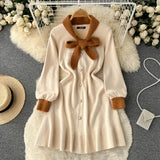 Fashion Bow Women Knitted Dress Contrast Long Sleeve Single Breasted Slim 2022 Autumn Elastic Streetwear A Line