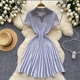 Toloer Niche Retro Color Lapel Short Sleeve Striped Dress Female Waist Show Thin Temperament A-Word Knit