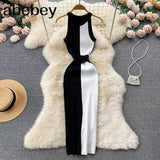 Summer Knitting Dress Women Patwork Casual Body-con Dress Pullovers Simple Step Maxi Long
