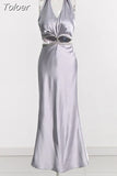 Temperament Slim Dress For Women Halter Sleeveless High Waist Backless Spliced Diamonds Bodycon Long Dresses Female