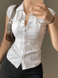 Pocket Button Down Cropped Blouse-Outfit