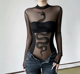 Personality Snake Print Sexy Body-Repair Perspective Basic Round-Neck Long-Sleeved Joint Jacket