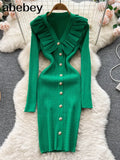 Women Ruffles Knitted Pencil Dress Korean Long Sleeve V Neck Elastic Slim Dress Autumn Winter Sexy Bodycon Warm Sweater