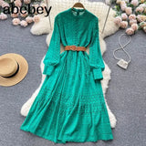 Autumn White/Green/Pink New Lace Embroidery Dress Women Long Sleeve Dresses Female Vintage Party Beach Maxi Long