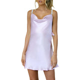 Womens Sexy Summer Sleeveless Cowl Neck Shiny Rhinestone Sequined Strap Backless Mini Short Sling Party Dress-Outfit