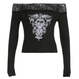 Toloer Dark Personality Print Long-Sleeved T-Shirt With Thin Lace With An Off-The-Shoulder Hottie Top-Outfit