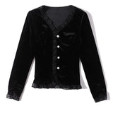Womens T-shirt Spring Summer V-Neck Long Sleeve Solid Color Button Fashion Casual Tees Stylish Blouses Elegant Tops-Outfit