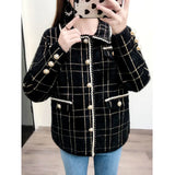 Winter Elegant Plaid Mink Fleece Coat Women Korean Lapel Pearl Button Sweater Cardigan Casual Cashmere Knitted Jacket