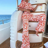 Toloer 993 Spot Women's Wear Autumn 2024 New One-Line Shoulder Short-Sleeved Top Print Pants Suit Two Sets-Outfit