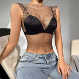 Toloer Nightclub Dresses Fishnet Hollow Out Rhinestone Vest Mesh Flash Diamond Sling Top