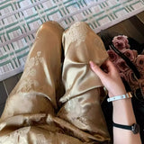 Chinese Style Satin Jacquard Rope Casual Trousers 2024 Women's Spring Retro High Waist, Drooping Feeling And Wide Legs-Outfit