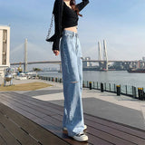 Toloer Hole High Waist Wide Leg Jeans For Girls Fall Students Straight Tube Loose Show Thin Design Sense Pants High Street Ins Tide-Outfit