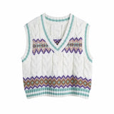 Ardm Fashion Geometry Jacquard Sweater Vest Women With Ribbed Trims Pullover Twist Za Pull Sans Manches Femme V Neck Vintage