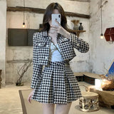 Fragrance Style Elegant Tweed 2 Piece Set Women Vintage Houndstooth Cropped Jacket + Pleated Mini Skirt Suits Sexy