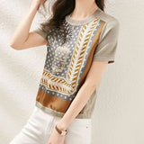 Short Sleeve Graphic Tee Shirt Women Knitted New O-Neck Loose Abstract Printing Rivet Fashion Casual Vintage Elegant Top-Outfit
