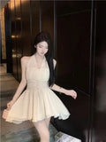Sweet Elegant Mini Dresses Women Sleeveless Off Shoulder V Neck Slim Patchwork Backless Sexy Mini Dress Ladies Party-Outfit