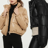 PUWD Casual Woman Oversized Leather Cotton Coats 2020 Fashion Ladies Warm Winter Stand Collar Outerwear Female Drawstring