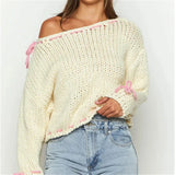 White Pink Ribbion Trim Sweater-Outfit