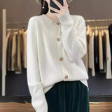 Spring And Autumn New Round Collar Simple Pure Color Temperament Commuting Color Square Buckle Loose Casual Sweater Knitting Cardigan-Outfit