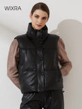 Wixra Women New Fashion Solid Warm Vest Zipper PU Sleeveless Back Lace Up Coat Loose Outwear Autumn Winter