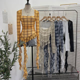 Shooting Collar Low-Breast Sexy Mesh Yarn Long-Sleeved Top Irregular Ribbon To Repair Hottie T-Shirt