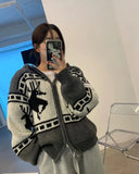 Deer Jacquard Hooded Knitting Zipper Cardigan-Outfit