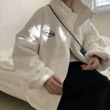 Deeptown White Fleece Jackets Solid Color Coat Long Sleeve Zip Up Coats Korean Style 2021 Oversized Lambswoo Reversible
