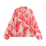 Summer French Commuting Wind Tie Dye Floral Print Collar Long-Sleeved Loose