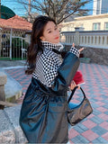 French Vintage Small Fragrance Tweed Jacket PU Leather Coat Warm Wool Liner Parkas Winter Patchwork Snow Coat