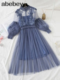 New Women Fashion Dress Stand Collar Lantern Sleeve Mesh Dress See-through Lace Embroidery Fairy Dress Femme Vestidos