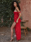 Red Ruffle Split Maxi Dress-Outfit