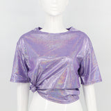 Toloer Ebay Summer Korean Version Loose Shiny Reflective Short-Sleeved T-Shirt Women-Outfit