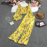 New Summer Fashion All-match Square collar puff sleeve Shirt+high waist wide leg Pant two piece