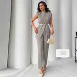 Summer New Solid Color Round Collar Sleeveless Top High Waist Broad Leg Pants Two Sets Of