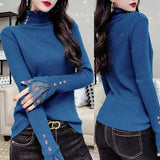 Solid Color Knitted Pullovers Casual Turtleneck Button Women's Clothing Slim Autumn Winter Fashion Lace Spliced T-shirt-Outfit