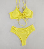 Toloer New Multi-Color Pure Color Lace Hanging Neck Bow Split Swimsuit Women's Feel