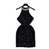 Luxury Thousand Gold Wind High-End Hanging Neck Dress Women's Summer Glide Diamond Design Niche Temperament Ass And Hip