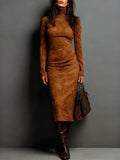 Retro High-Necked Dress In Autumn 2025 Solid Color With Low-Sleeved