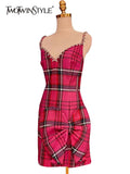 Sexy Plaid Sling Dress For Women V Neck Sleeveless High Waist Colorblock Mini Dresses Female Fashion Clothing