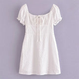 Trend French Girls Sexy Generous Collar Tie Embroidery Waist Dress Short Skirt-Outfit
