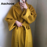 Elegant Solid Long Wool Coat Women Batwing Long Sleeve Loose Drop Shoulder Pocket Coat Split Hem Chic Stylish