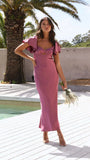 New Women's Temperament Solid Pink Heart Collar Short Sleeves Long Dress Dress