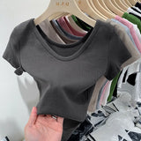 V-Neck Shoulder T-Shirt Women's Short-Sleeved Summer New Slim And Skinny Short-Bottomed Blouse-Outfit