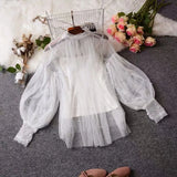 New Fashion autumn Women's Sweet Beads Bubble Sleeve Pearls Button Gauze Blouses Ladies Elegant Mesh Shirt Blusas